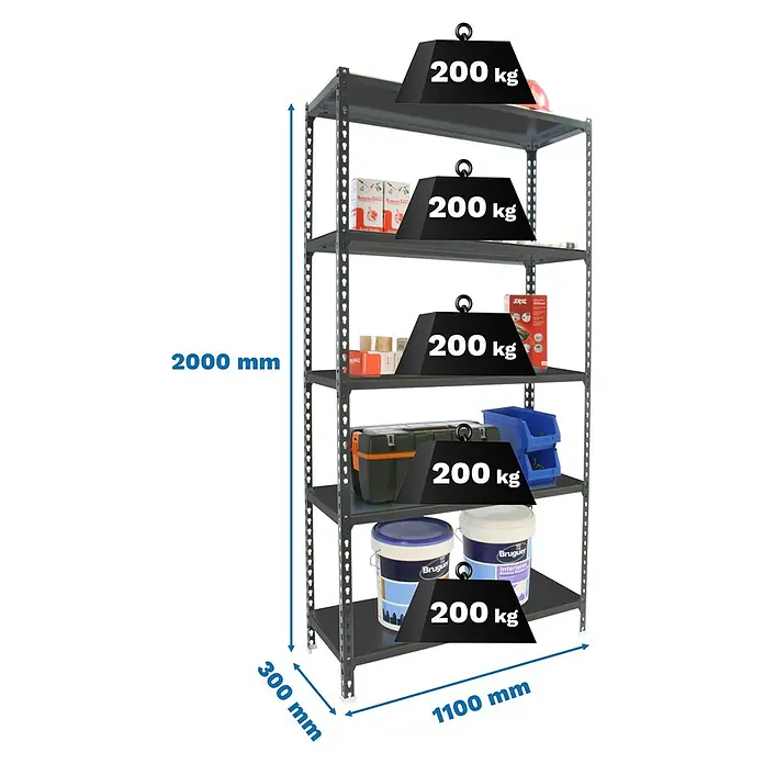 Simonrack Simonclick Metallregal Simonclick Super Plus - H x B x T: 200 x 110 x 30 cm, Traglast pro Boden: 200 kg, Anzahl Böden: 5 Stk., Stecken, Anthrazitgrau - Abbildung eines schwarzen Metallregals mit fünf Ebenen, beladen mit Werkzeugen und Farbeimern, mit Gewichtsangaben.