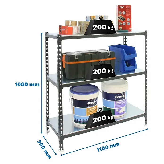 Simonrack Simonclick Metallregal Simonclick Super Plus - H x B x T: 100 x 110 x 30 cm, Traglast pro Boden: 200 kg, Anzahl Böden: 3 Stk., Stecken, Anthrazit/Weiß - Abbildung eines stabilen Metallregals mit drei Ebenen, ideal für Lagerung, jede Ebene trägt bis zu 200 kg.
