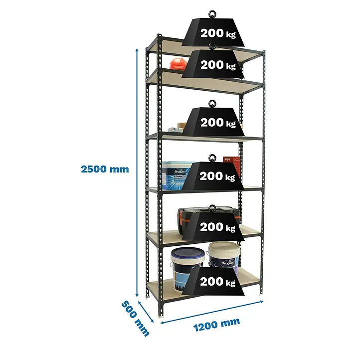 Simonrack Maderclick Metallregal Maderclick MegaPlus - H x B x T: 250 x 120 x 50 cm, Traglast pro Boden: 200 kg, Anzahl Böden: 6 Stk., Stecken, Anthrazitgrau - Abbildung eines Schwerlastregals mit sechs Ebenen, voll beladen und mit Gewichtsangaben versehen.