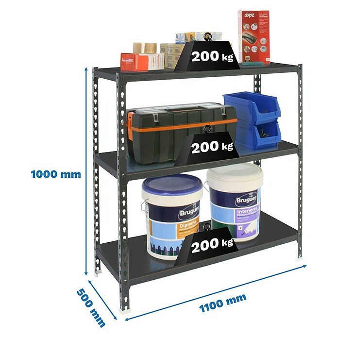 Simonrack Simonclick Metallregal Simonclick Super Plus (H x B x T: 100 x 110 x 50 cm, Traglast pro Boden: 200 kg, Anzahl Böden: 3 Stk., Stecken, Anthrazit/Anthrazit) | BAUHAUS