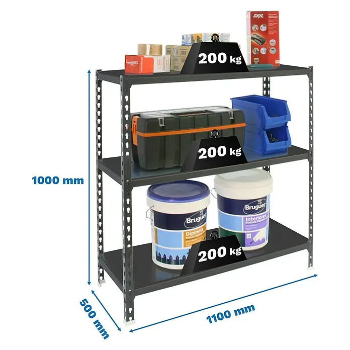 Simonrack Simonclick Metallregal Simonclick Super Plus - H x B x T: 100 x 110 x 50 cm, Traglast pro Boden: 200 kg, Anzahl Böden: 3 Stk., Stecken, Anthrazit/Anthrazit - Detailaufnahme eines dreistöckigen Metallregals mit diversen Gegenständen und Gewichtsangaben zur Veranschaulichung der Belastbarkeit.