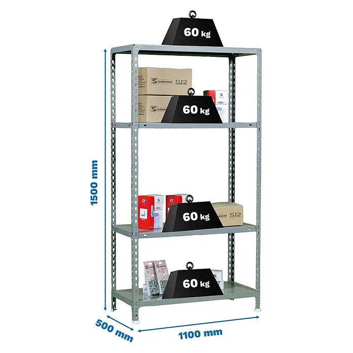 Simonrack Simonclick Metallregal Ecoclick SuperPlus - H x B x T: 150 x 110 x 50 cm, Traglast pro Boden: 70 kg, Anzahl Böden: 4 Stk., Stecken, Grau - Ein graues Metallregal mit vier Ebenen, das mit Gewichten und Kartons beladen ist, wobei die Maße gut sichtbar dargestellt sind.
