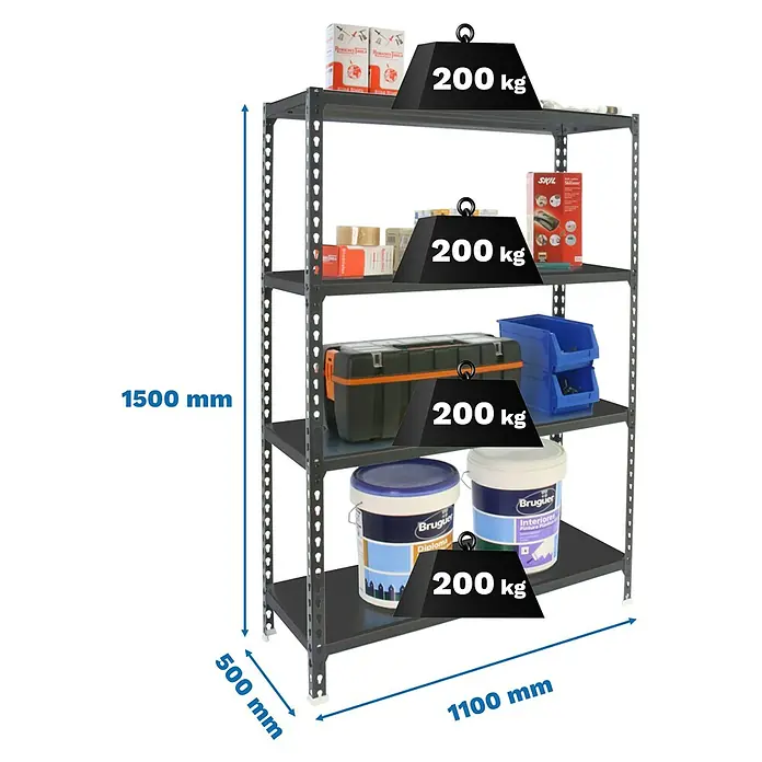 Simonrack Simonclick Metallregal Simonclick Super Plus - H x B x T: 150 x 110 x 50 cm, Traglast pro Boden: 200 kg, Anzahl Böden: 4 Stk., Stecken, Anthrazit/Anthrazit - Bild eines Schwerlastregals mit vier Ebenen, die jeweils mit 200 kg belastet sind. Die Gesamtmaße des Regals betragen 1500 mm Höhe, 500 mm Tiefe und 1100 mm Breite.