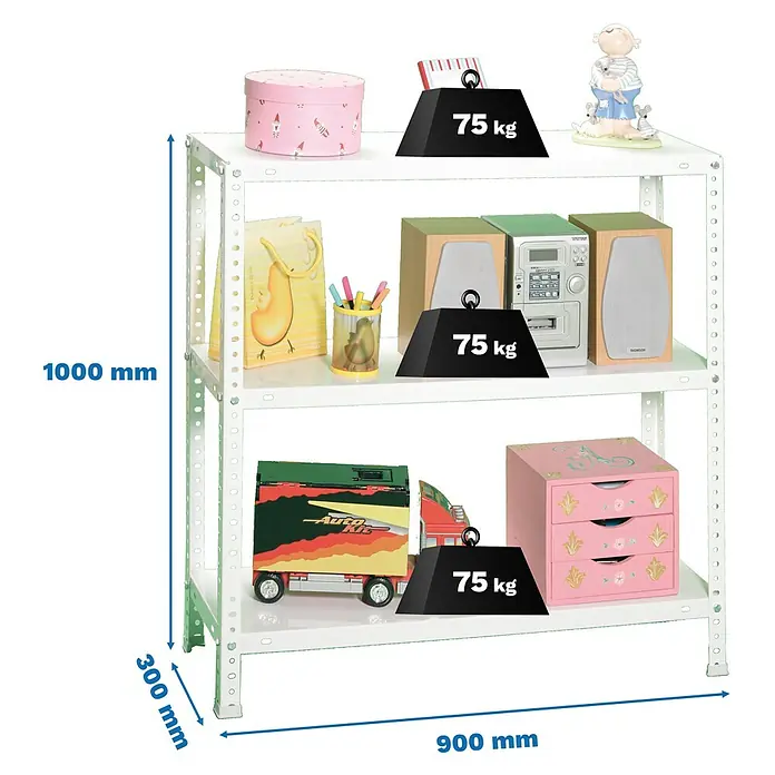 Simonrack Simonclassic Metallregal Advantage - H x B x T: 100 x 90 x 30 cm, Traglast pro Boden: 75 kg, Anzahl Böden: 3 Stk., Schrauben, Weiß - Ein weißes Regal mit drei Ebenen, gefüllt mit verschiedenen Gegenständen und Gewichten zur Veranschaulichung der Belastbarkeit.