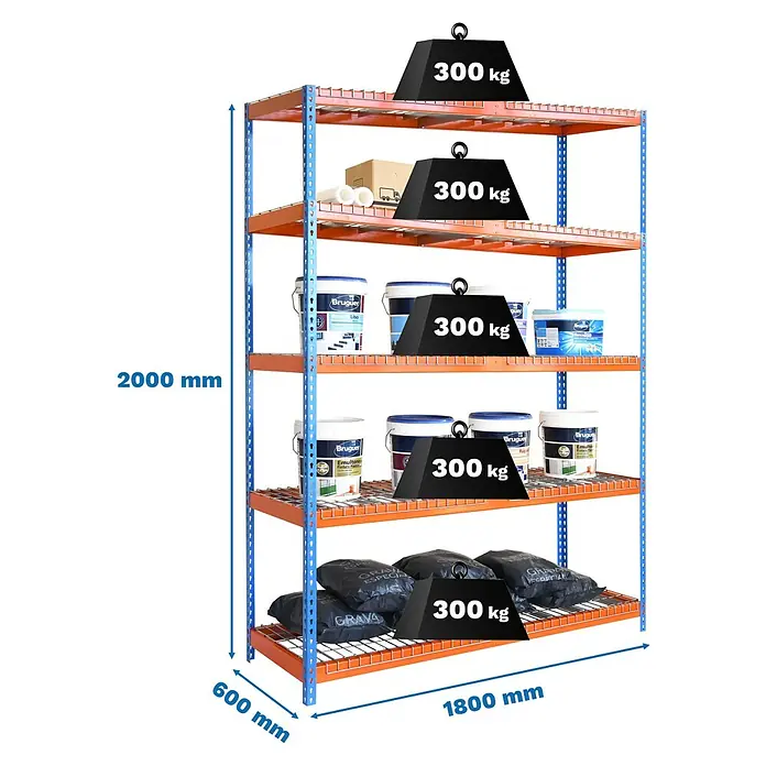 Simonrack Simontaller Schwerlastregal Ecoforte Rex - H x B x T: 200 x 180 x 60 cm, Traglast pro Boden: 400 kg, Anzahl Böden: 5 Stk., Stecken, Blau/Orange - Bild eines robusten Regalsystems mit fünf Ebenen, beladen mit Farbeimern und Sandsäcken, das eine Tragfähigkeit von 300 kg pro Ebene aufweist.