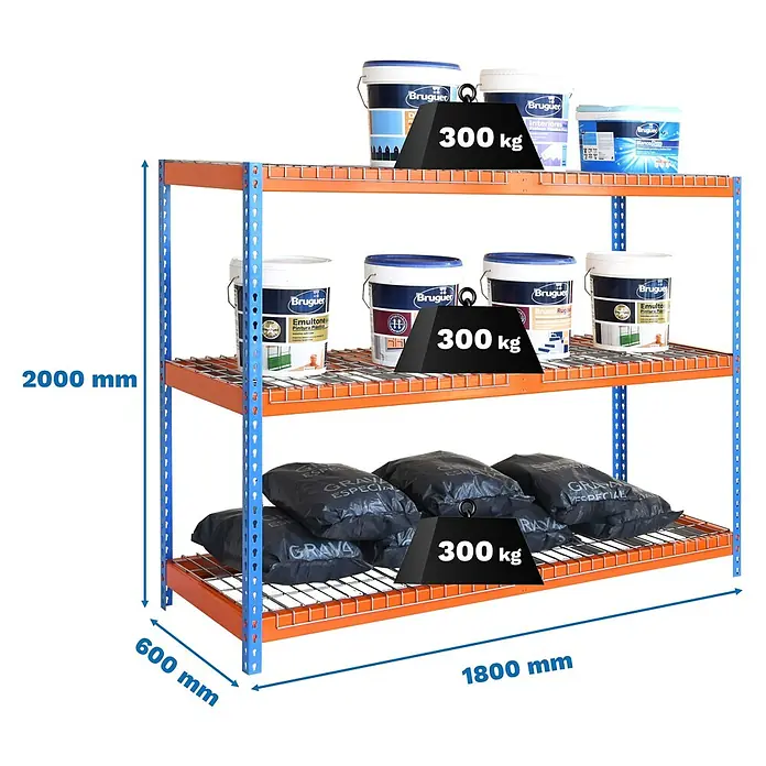 Simonrack Simontaller Schwerlastregal Ecoforte Rex - H x B x T: 200 x 180 x 60 cm, Traglast pro Boden: 400 kg, Anzahl Böden: 3 Stk., Stecken, Blau/Orange - Regal mit drei Ebenen, beladen mit Farbeimern und Sandsäcken, mit Gewichtsangabe und Abmessungen in mm.