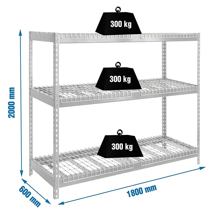 Simonrack Simontaller Schwerlastregal Ecoforte Rex - H x B x T: 200 x 180 x 60 cm, Traglast pro Boden: 400 kg, Anzahl Böden: 3 Stk., Stecken, Silber - Abbildung eines Schwerlastregals mit drei Ebenen, jede mit einer Traglast von 300 kg, und den Maßen 2000 mm Höhe, 600 mm Tiefe und 1800 mm Breite.