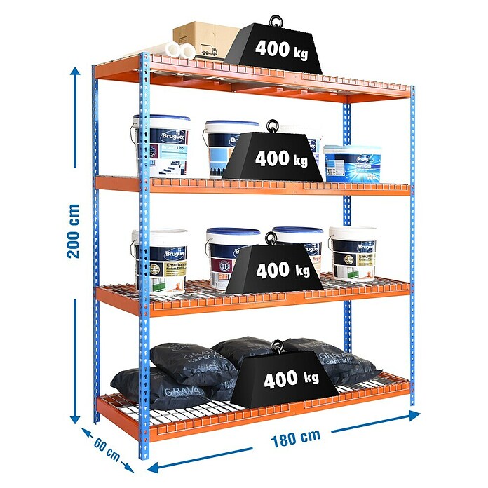 Simonrack Simontaller Schwerlastregal Ecoforte Rex (H x B x T: 200 x 180 x 60 cm, Traglast pro Boden: 400 kg, Anzahl Böden: 4 Stk., Stecken, Blau/Orange) | BAUHAUS