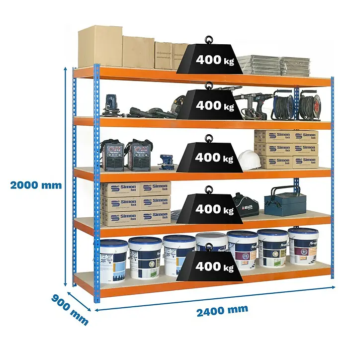 Simonrack Simonforte Schwerlastregal Simonforte Chipboard - H x B x T: 200 x 240 x 90 cm, Traglast pro Boden: 600 kg, Anzahl Böden: 5 Stk., Stecken, Blau/Orange - Bild eines Schwerlastregals mit fünf Ebenen, beladen mit verschiedenen Gegenständen und Gewichtsangaben.