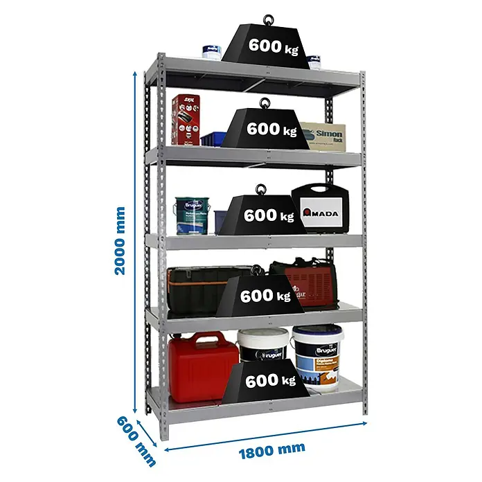 Simonrack Simonforte Schwerlastregal Simonforte Metall - H x B x T: 200 x 180 x 60 cm, Traglast pro Boden: 600 kg, Anzahl Böden: 5 Stk., Stecken, Grau/Silber - Abbildung eines Schwerlastregals mit fünf Regalböden, voll beladen und mit Gewichtsangaben versehen.