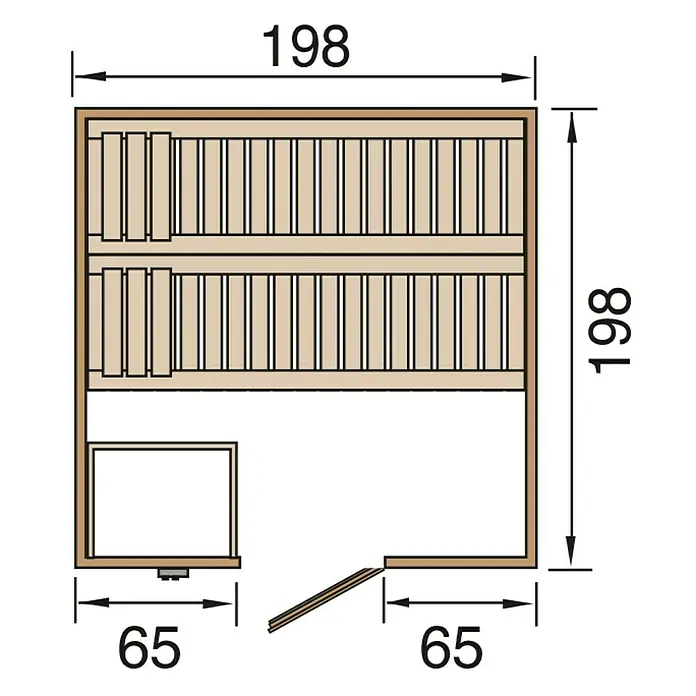Weka Massivholzsauna BERGEN 7,5 kW BioS GT/F Gr.2 - Bioofen, Steuerung Ofen: Extern, L x B x H: 198 x 198 x 203 cm - Grundriss einer Sauna mit den Maßen 198 x 198 cm, einer Bank und einer Tür, wobei die Tür und die Bank 65 cm breit sind.