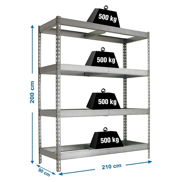 Simonrack Simonforte Estantería para cargas pesadas - Al x An x Pr: 200 x 210 x 75 cm, Número de baldas: 4 ud., Inserción, Galvanizado, Capacidad de carga por balda: 600 kg - Estantería metálica galvanizada de alta resistencia con 4 baldas, 200x210x90 cm, 500 kg por balda.