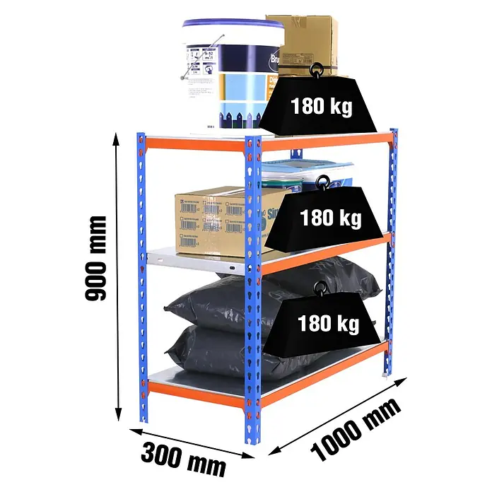 Simonrack Simonclick Metallregal Simonclick Plus - H x B x T: 90 x 100 x 30 cm, Traglast pro Boden: 180 kg, Anzahl Böden: 3 Stk., Stecken, Blau/Orange/Silber - Produktabbildung eines belastbaren Lagerregals mit vier Ebenen, beschwert mit Gewichten, Abmessungen sind deutlich angegeben.