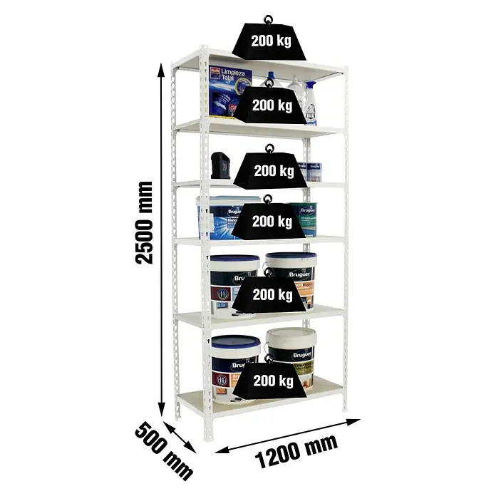 Simonrack Maderclick Estantería metálica Megaplus - Al x An x Pr: 250 x 120 x 50 cm, Capacidad de carga por balda: 200 kg, Número de baldas: 6 ud., Inserción, Blanco/Madera - Estantería metálica blanca de 6 baldas, 2500x1200x500 mm, cada balda soporta 200 kg.