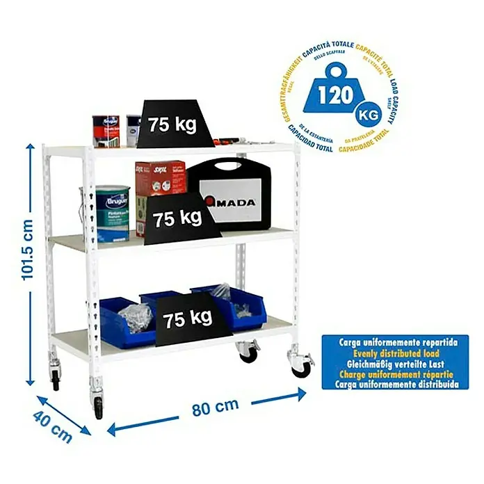 Simonrack Maderclick Estantería metálica Mobile Mini - Al x An x Pr: 97,5 x 80 x 40 cm, Número de baldas: 3 ud., Inserción, Blanco - Carro blanco móvil de 3 estantes, 101.5x80x40 cm, con capacidad de 75 kg por estante y 120 kg total para almacenamiento.