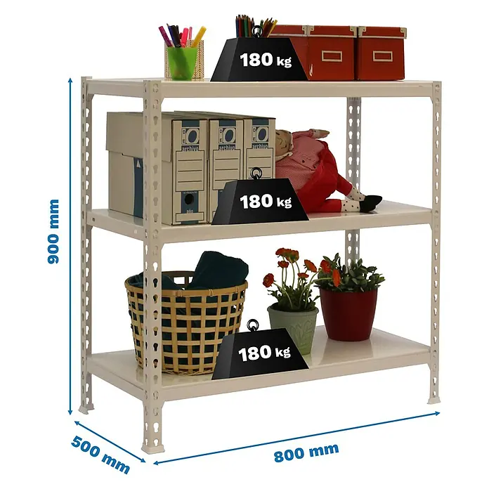 Simonrack Simonclick Metallregal Simonclick Mini - H x B x T: 90 x 80 x 50 cm, Traglast pro Boden: 180 kg, Anzahl Böden: 3 Stk., Stecken, Weiß/Weiß - Abbildung eines weißen Metallregals mit drei Ebenen, beladen mit verschiedenen Gegenständen und Gewichtsangaben.