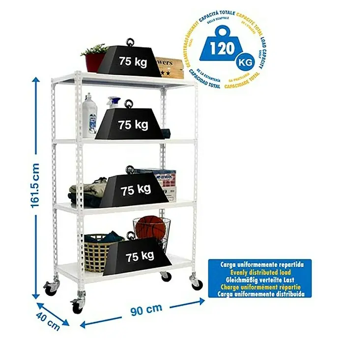 Simonrack Simonclick Estantería metálica Mobile - Al x An x Pr: 157,5 x 90 x 40 cm, Número de baldas: 4 ud., Inserción, Blanco - Carro auxiliar metálico blanco de 4 estantes con ruedas, para carga uniforme y movilidad.
