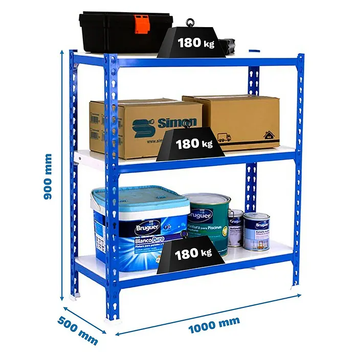 Simonrack Simonclick Metallregal Simonclick Plus - H x B x T: 90 x 100 x 50 cm, Traglast pro Boden: 180 kg, Anzahl Böden: 3 Stk., Stecken, Blau/Weiß - Abbildung eines blauen Regals mit drei Ebenen, beladen mit Werkzeugkiste, Kartons und Farbeimern. Jede Ebene ist mit 180 kg belastet.