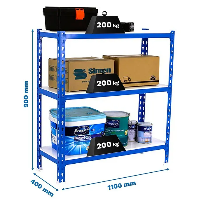 Simonrack Simonclick Metallregal Simonclick Super Plus - H x B x T: 90 x 110 x 40 cm, Traglast pro Boden: 200 kg, Anzahl Böden: 3 Stk., Stecken, Blau/Weiß - Abbildung eines blauen Metallregals mit drei Ebenen, beladen mit Werkzeugkiste, Kartons und Farbdosen, mit Gewichtsangaben.
