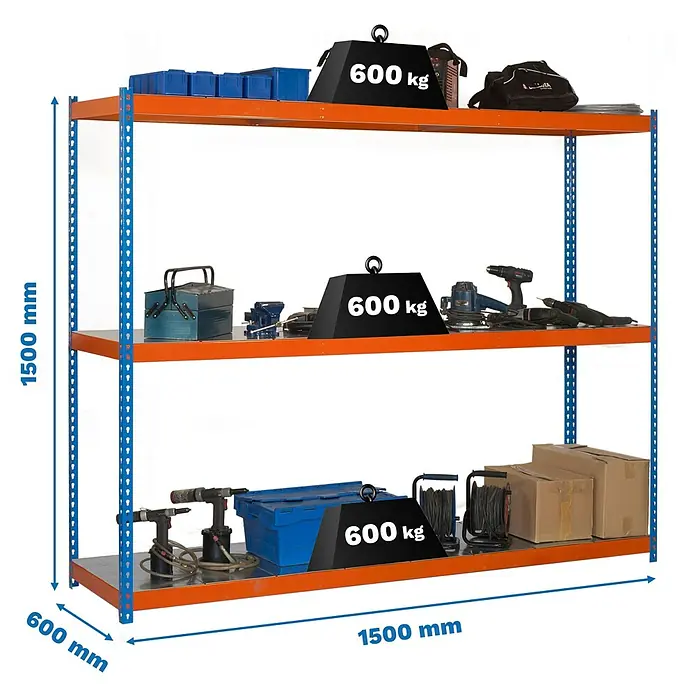 Simonrack Simonforte Schwerlastregal Simonforte Metall - H x B x T: 150 x 150 x 60 cm, Traglast pro Boden: 600 kg, Anzahl Böden: 3 Stk., Stecken, Blau/Orange/Silber - Abbildung eines dreistufigen Schwerlastregals mit den Maßen 1500 mm x 600 mm x 1500 mm, das mit Werkzeugen und Gewichten mit 600 kg belastet ist.