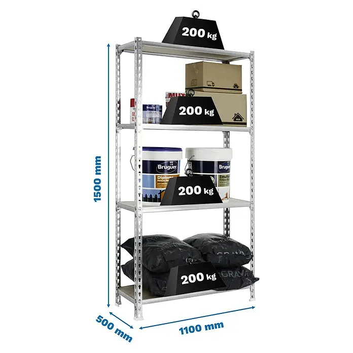 Simonrack Maderclick Metallregal Maderclick SuperPlus - H x B x T: 150 x 110 x 50 cm, Traglast pro Boden: 200 kg, Anzahl Böden: 4 Stk., Stecken, Silber - Abbildung eines Metallregals mit fünf Ebenen, das mit verschiedenen Gegenständen und simulierten 200-kg-Gewichten beladen ist.