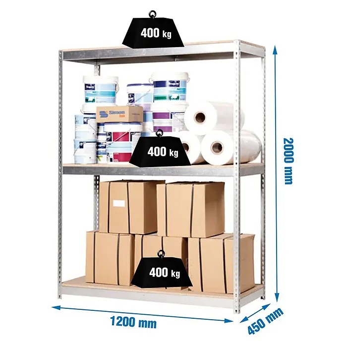 Simonrack Ecoforte Estantería para cargas pesadas Metal - Al x An x Pr: 200 x 120 x 45 cm, Número de baldas: 3 ud., Inserción, Galvanizado, Capacidad de carga por balda: 400 kg, Bandejas no incluidas - Estantería metálica resistente con tres estantes, 2000x1200x450 mm, cada estante soporta hasta 400 kg.