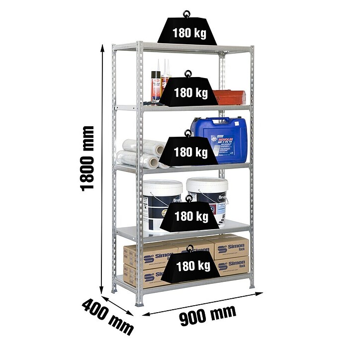 Simonrack Simonclick Metallregal (L x B x H: 40 x 90 x 180 cm, Traglast: 180 kg/Boden, Anzahl Böden: 5 Stk., Silber)