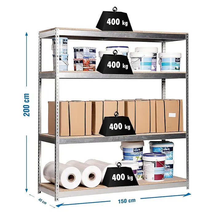 Simonrack Simontaller Schwerlastregal Ecoforte Chipboard - H x B x T: 200 x 150 x 45 cm, Traglast pro Boden: 400 kg, Anzahl Böden: 4 Stk., Stecken, Silber - Schwerlastregal mit vier Ebenen, beladen mit verschiedenen Gegenständen und Gewichtsinformationen.