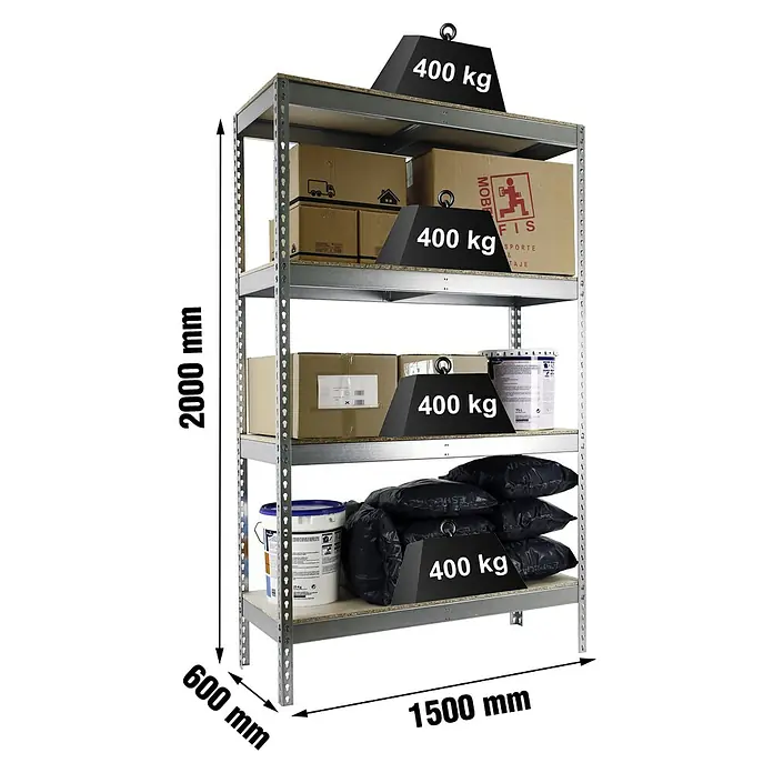 Simonrack Simontaller Schwerlastregal Ecoforte Chipboard - H x B x T: 200 x 150 x 60 cm, Traglast pro Boden: 400 kg, Anzahl Böden: 4 Stk., Stecken, Silber - Abbildung eines Schwerlastregals mit vier Ebenen, Maße sind 2000mm hoch, 1500mm breit und 600mm tief. Jede Ebene ist mit 400kg beladen.