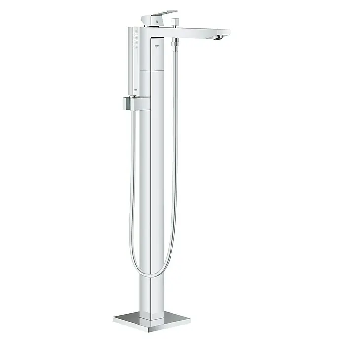 Grohe Eurocube Badewannenstandarmatur - Höhe: 94,8 cm, Chrom, Glänzend - Freistehende Badewannenarmatur in Chromoptik mit Handbrause und klaren, eckigen Formen für moderne Badezimmer.