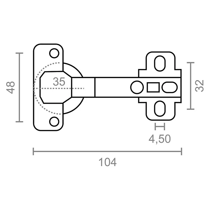 Micel Bisagra de cazoleta - Diámetro cazoleta: 35 mm, 2 ud., Recta - Dibujo detallado de una bisagra con dimensiones para la construcción o reparación de muebles. La vista muestra las dimensiones exactas del producto.