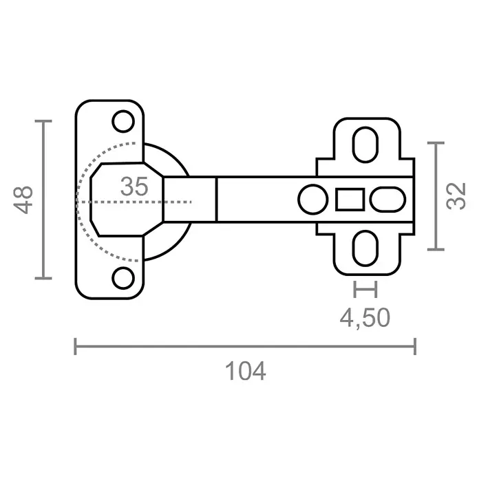 Micel Bisagra de cazoleta - Diámetro cazoleta: 35 mm, 2 ud., Acodada - Ilustración de una bisagra para muebles con dimensiones detalladas. La bisagra se muestra desde diferentes ángulos e incluye todas las dimensiones relevantes.