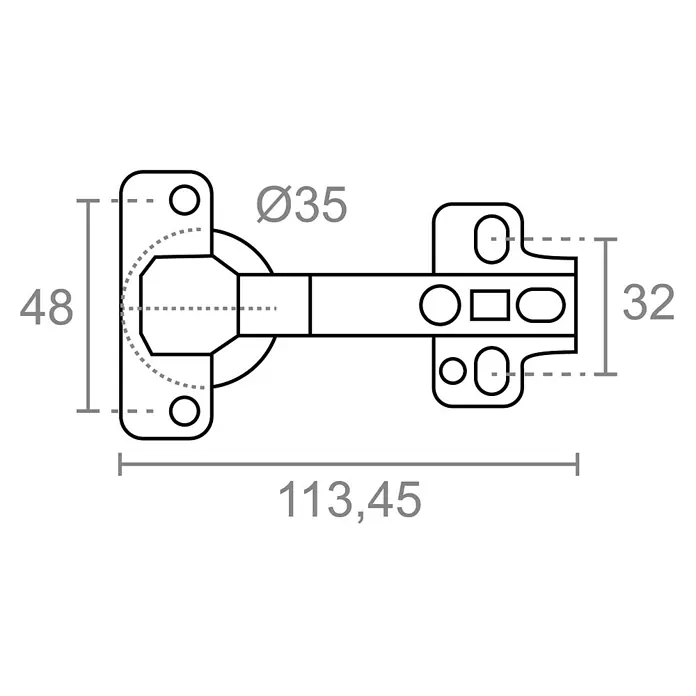 Micel Bisagra de cazoleta con pistón - Diámetro cazoleta: 35 mm, 2 ud., Acodada - Dimensiones detalladas de una ilustración de bisagra de armario, que proporciona especificaciones técnicas para el montaje y la instalación.