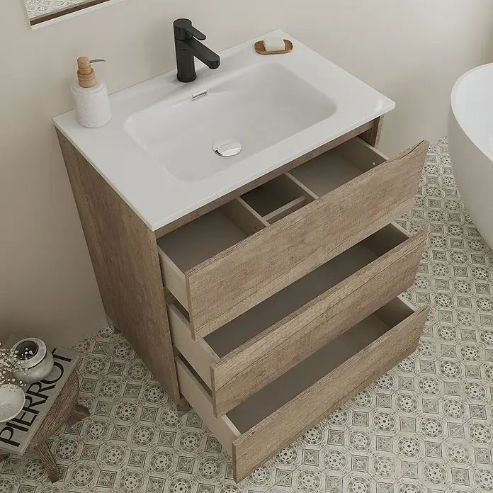 Conjunto de mueble de baño Inter - Ancho: 80 cm, Nebraska, 3 pzs. - Mueble de baño moderno con tres cajones en acabado de madera y lavabo blanco, perfecto para cualquier baño.