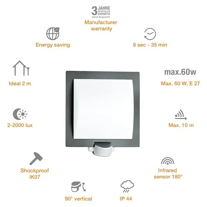 Steinel Sensor-Außenleuchte L 20 S anthrazit - 60 W, 8 x 24 x 23 cm, Anthrazit/Weiß, IP44 - Bild einer Steinel Außenleuchte mit Bewegungsmelder und energiesparender Funktion, ideal für die Wandmontage.
