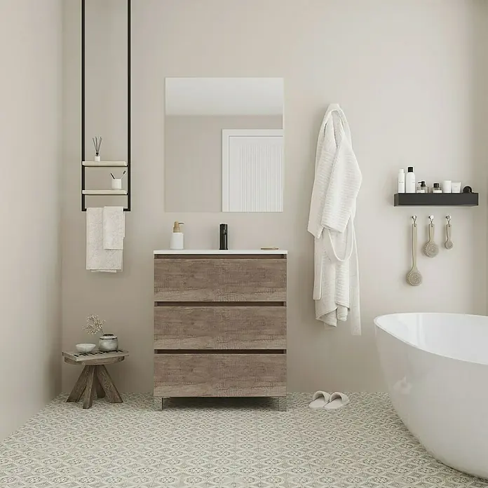 Conjunto de mueble de baño Inter F39 - Ancho: 70 cm, Nebraska, 3 pzs. - Un mueble de baño con tres cajones con acabado de madera, un espejo y un grifo negro.