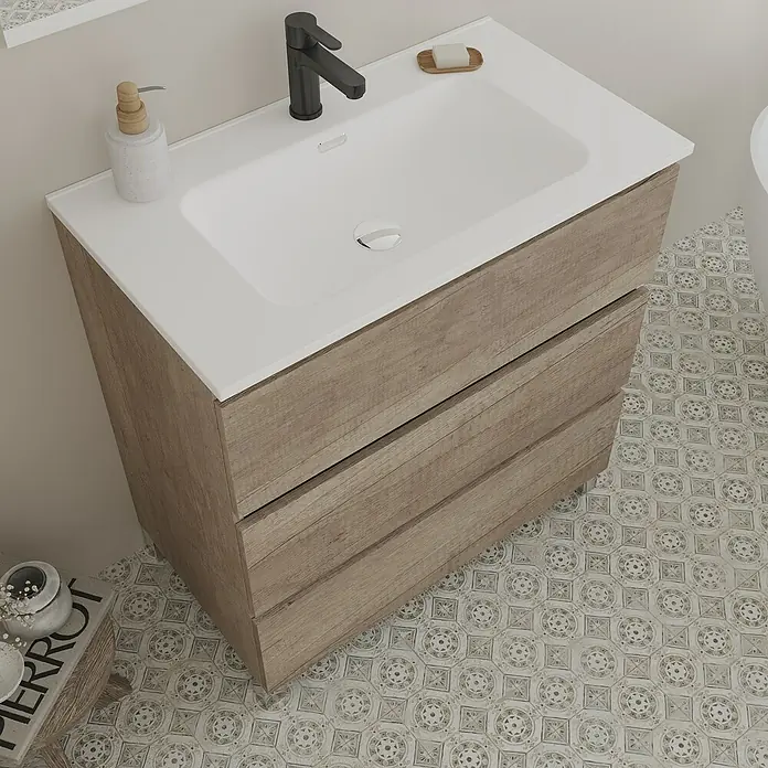 Conjunto de mueble de baño Inter - Ancho: 80 cm, Nebraska, 3 pzs. - Un mueble de lavabo con aspecto de madera con lavabo blanco y grifo, perfecto para baños modernos.