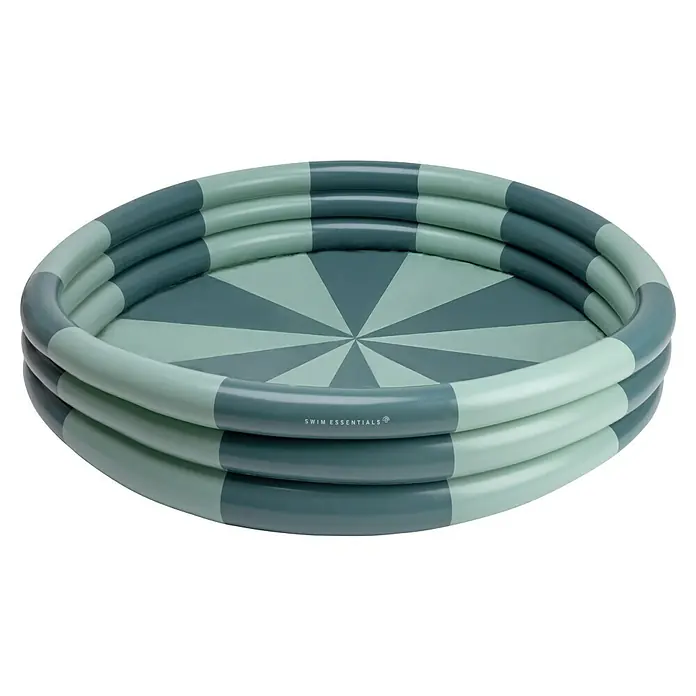 Swim Essentials Planschbecken - Durchmesser: 150 cm, Grün - Ein rundes aufblasbares Planschbecken mit mint- und dunkelgrauen Streifenringen und einem radialen Muster auf dem Boden.