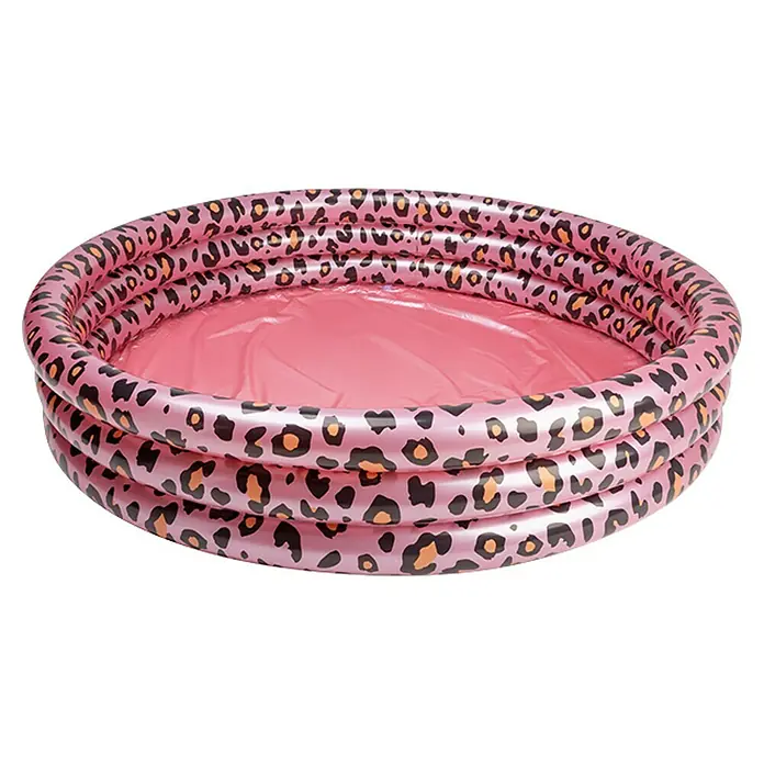 Swim Essentials Planschbecken Leopard - Durchmesser: 150 cm, Rosa - Rosa aufblasbarer Pool mit schwarzem und goldenem Leopardenmuster.