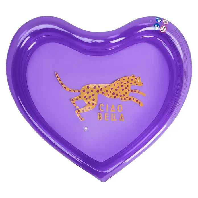 Swim Essentials Planschbecken - Ø x H: 150 x 30 cm, Violett - Herzförmiges, lila aufblasbares Planschbecken mit gelbem Leopardenmuster und "CIAO BELLA" Schriftzug.