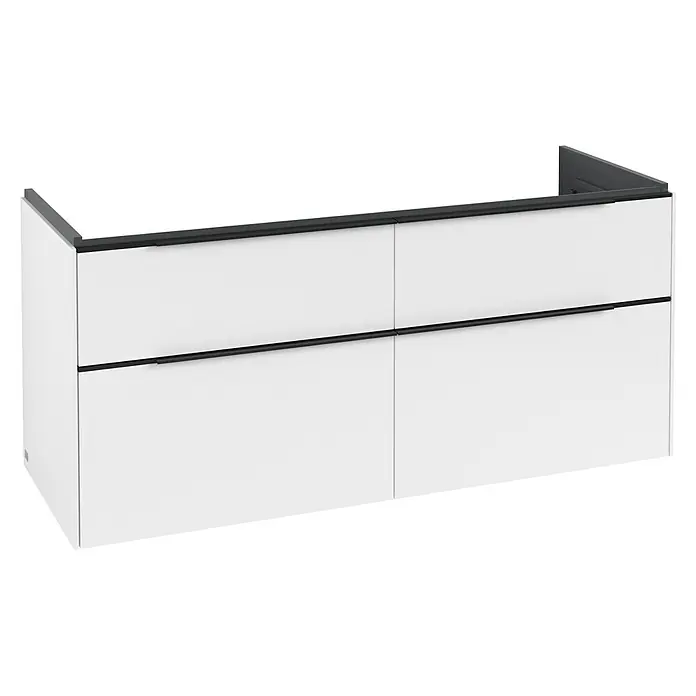Villeroy & Boch Subway 3.0 Waschbeckenunterschrank - Pure White, Anzahl Schubladen: 4 Stk., Farbe Griff: Volcano Black, B x T x H: 127,2 x 47,8 x 57,6 cm - Weißer wandhängender Schrank mit vier Schubladen und schwarzen integrierten Griffen.