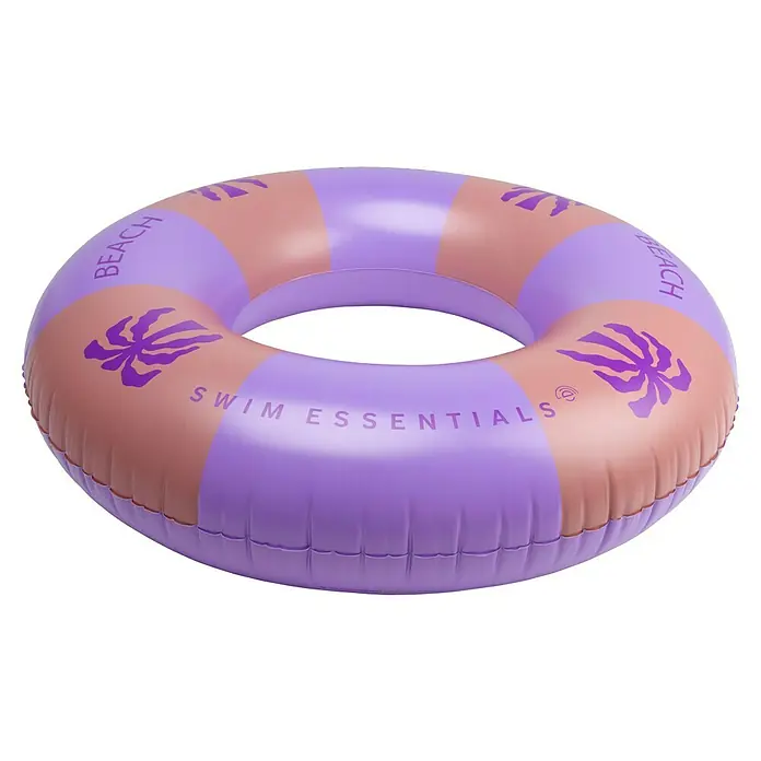 Swim Essentials Schwimmring Palm Beach - Violett/Orange, Durchmesser: 120 cm - Aufblasbarer Schwimmring in Lila und Beige, mit "BEACH" und "SWIM ESSENTIALS" Schriftzug und Palmenmotiven.
