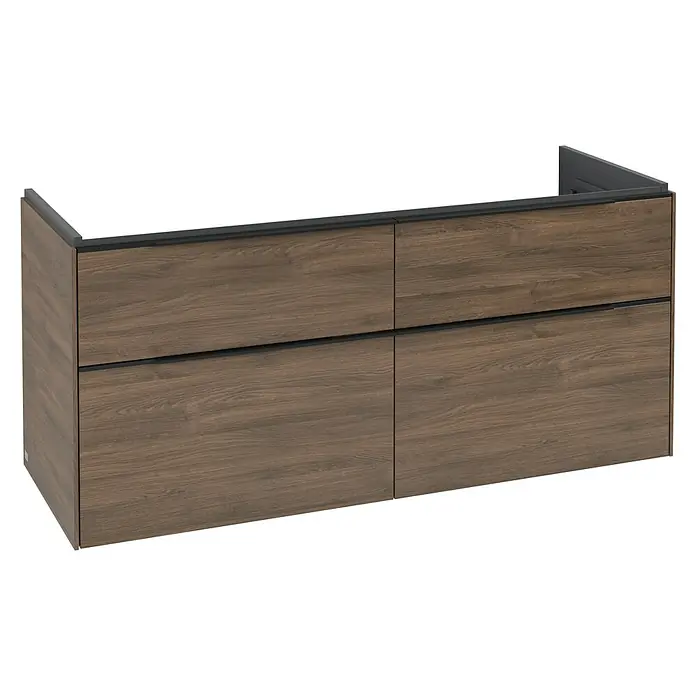 Villeroy & Boch Subway 3.0 Waschbeckenunterschrank - Arizona Oak, Anzahl Schubladen: 4 Stk., Farbe Griff: Volcano Black, B x T x H: 127,2 x 47,8 x 57,6 cm - Dunkelbrauner Holzoptik-Wandhängeschrank mit vier Schubladen und dunkelgrauem oberen Rand.