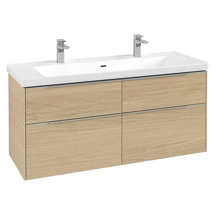 Villeroy & Boch Subway 3.0 Waschbeckenunterschrank - Nordik Oak, Anzahl Schubladen: 4 Stk., Farbe Griff: Aluminium glänzend, B x T x H: 127,2 x 47,8 x 57,6 cm - Doppelwaschtisch mit weißem Keramikbecken und hellem Holzschrank mit vier Schubladen.