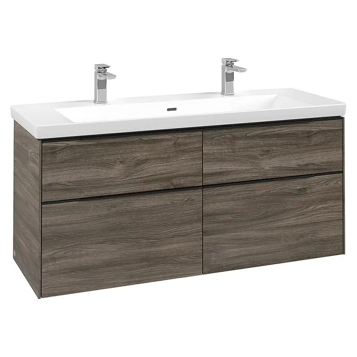 Villeroy & Boch Subway 3.0 Waschbeckenunterschrank - Stone Oak, Anzahl Schubladen: 4 Stk., Farbe Griff: Volcano Black, B x T x H: 127,2 x 47,8 x 57,6 cm - Doppelwaschtisch mit dunklem Holzunterschrank, zwei weißen Becken und Chromarmaturen.