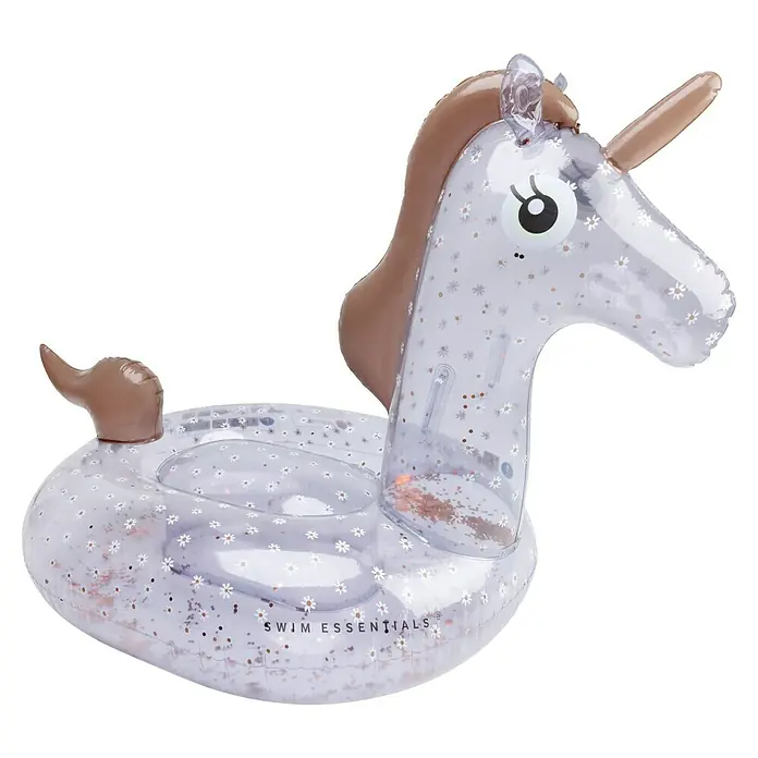Swim Essentials Schwimmtier Unicorn - Durchmesser: 150 cm, Transparent - Transparenter aufblasbarer Einhorn-Schwimmring mit weißen Gänseblümchen, Goldglitter und brauner Mähne/Horn/Schwanz. Mit 'SWIM ESSENTIALS'.