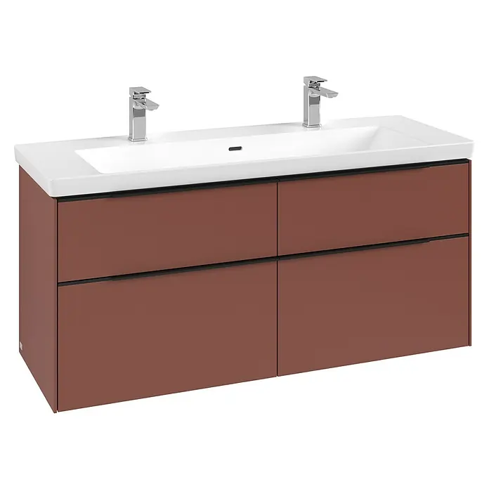 Villeroy & Boch Subway 3.0 Waschbeckenunterschrank - Wine Red, Anzahl Schubladen: 4 Stk., Farbe Griff: Volcano Black, B x T x H: 127,2 x 47,8 x 57,6 cm - Moderne Terracotta-Waschtischunterschrank mit weißem Doppelwaschbecken und zwei Chromarmaturen, vier Schubladen mit schwarzen Griffen.