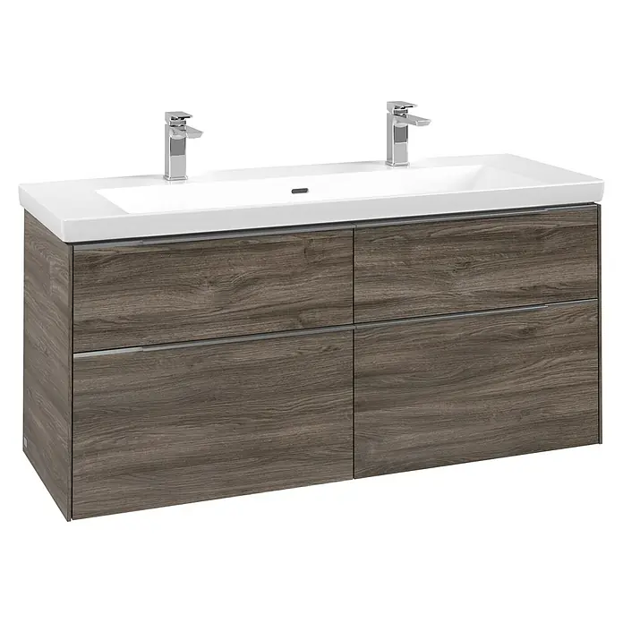 Villeroy & Boch Subway 3.0 Waschbeckenunterschrank - Stone Oak, Anzahl Schubladen: 4 Stk., Farbe Griff: Aluminium glänzend, B x T x H: 127,2 x 47,8 x 57,6 cm - Moderner Waschtischunterschrank in dunkler Holzoptik mit weißem Doppelwaschbecken und Chromarmaturen.