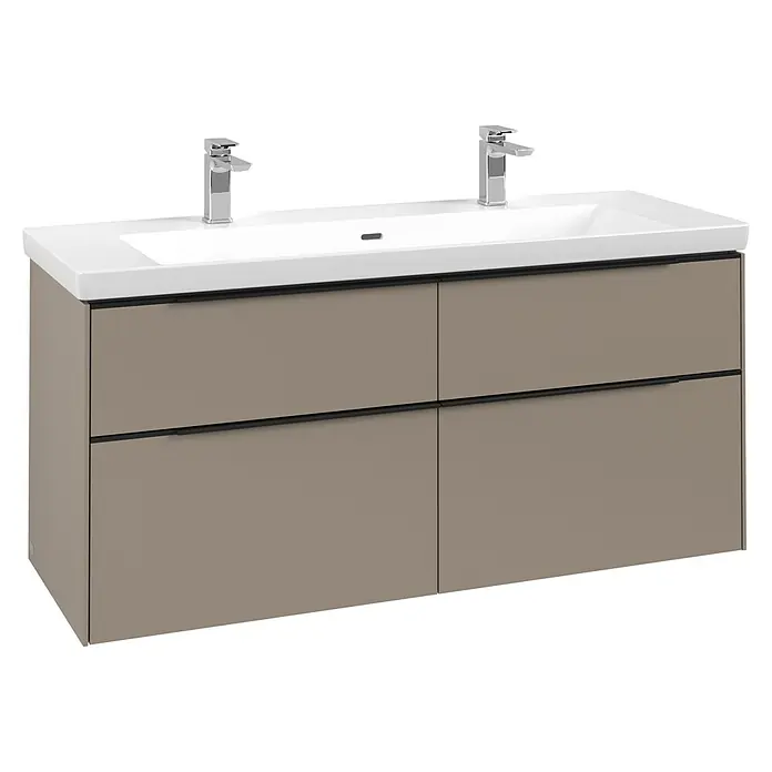 Villeroy & Boch Subway 3.0 Waschbeckenunterschrank - Taupe, Anzahl Schubladen: 4 Stk., Farbe Griff: Volcano Black, B x T x H: 127,2 x 47,8 x 57,6 cm - Moderner Doppelwaschtisch-Unterschrank mit weißer Keramikplatte, zwei Chromarmaturen und hellbraunem Schrank mit vier Schubladen.