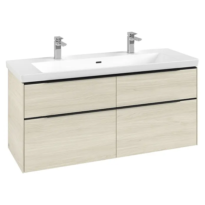 Villeroy & Boch Subway 3.0 Waschbeckenunterschrank - White Oak, Anzahl Schubladen: 4 Stk., Farbe Griff: Volcano Black, B x T x H: 127,2 x 47,8 x 57,6 cm - Doppelwaschtischunterschrank mit weißem Keramik-Doppelwaschbecken, zwei Chromarmaturen und hellen Holzschubladen mit schwarzen Griffen.